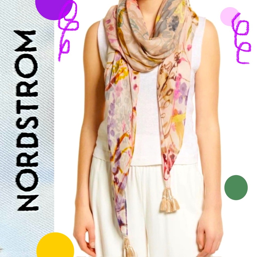 Nordstrom Silk Blend Oversized Tassled Scarf in Beige Zinnia Floral 69”x46”